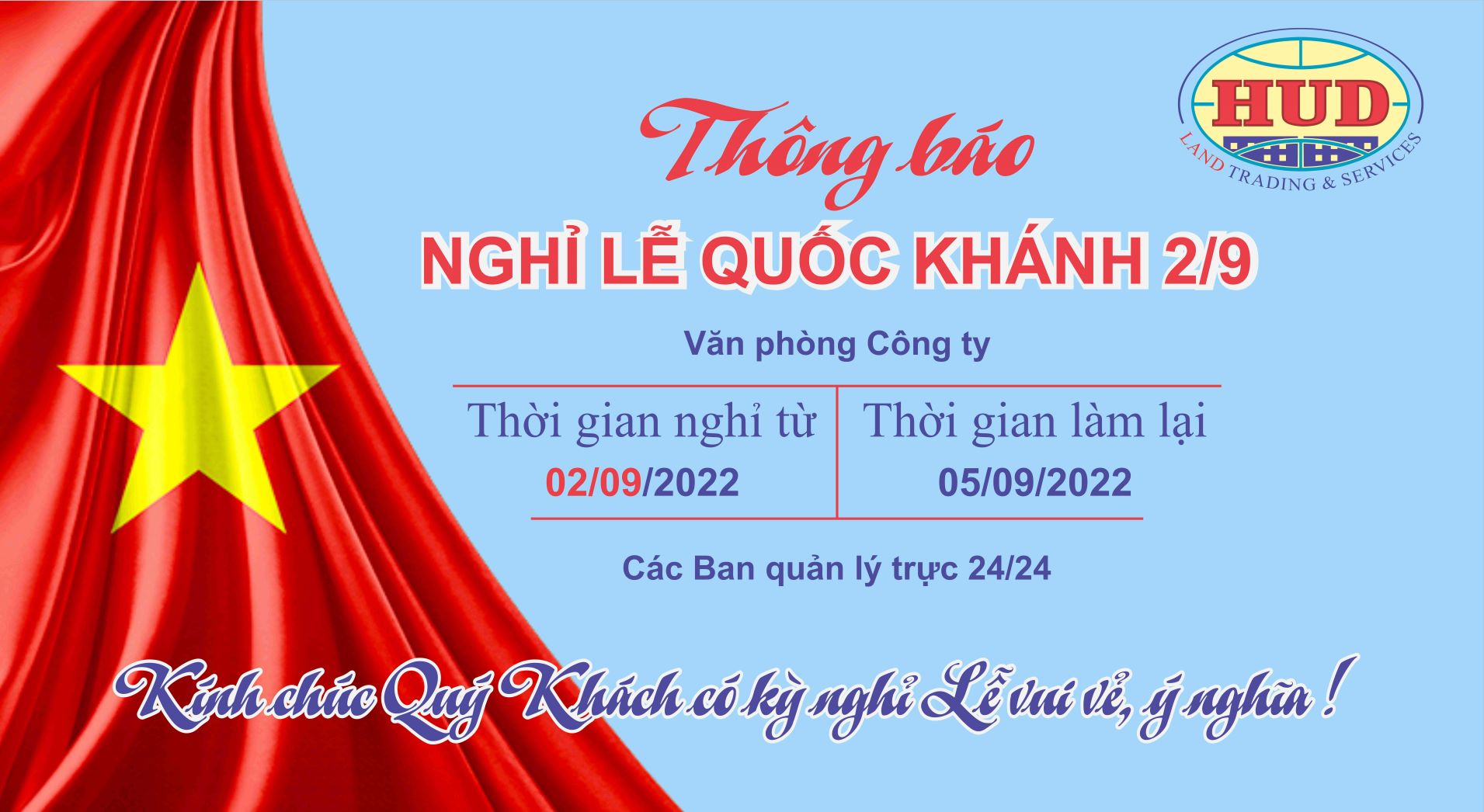 THÔNG BÁO NGHỈ LỄ QUỐC KHÁCH 2/9 Năm 2022